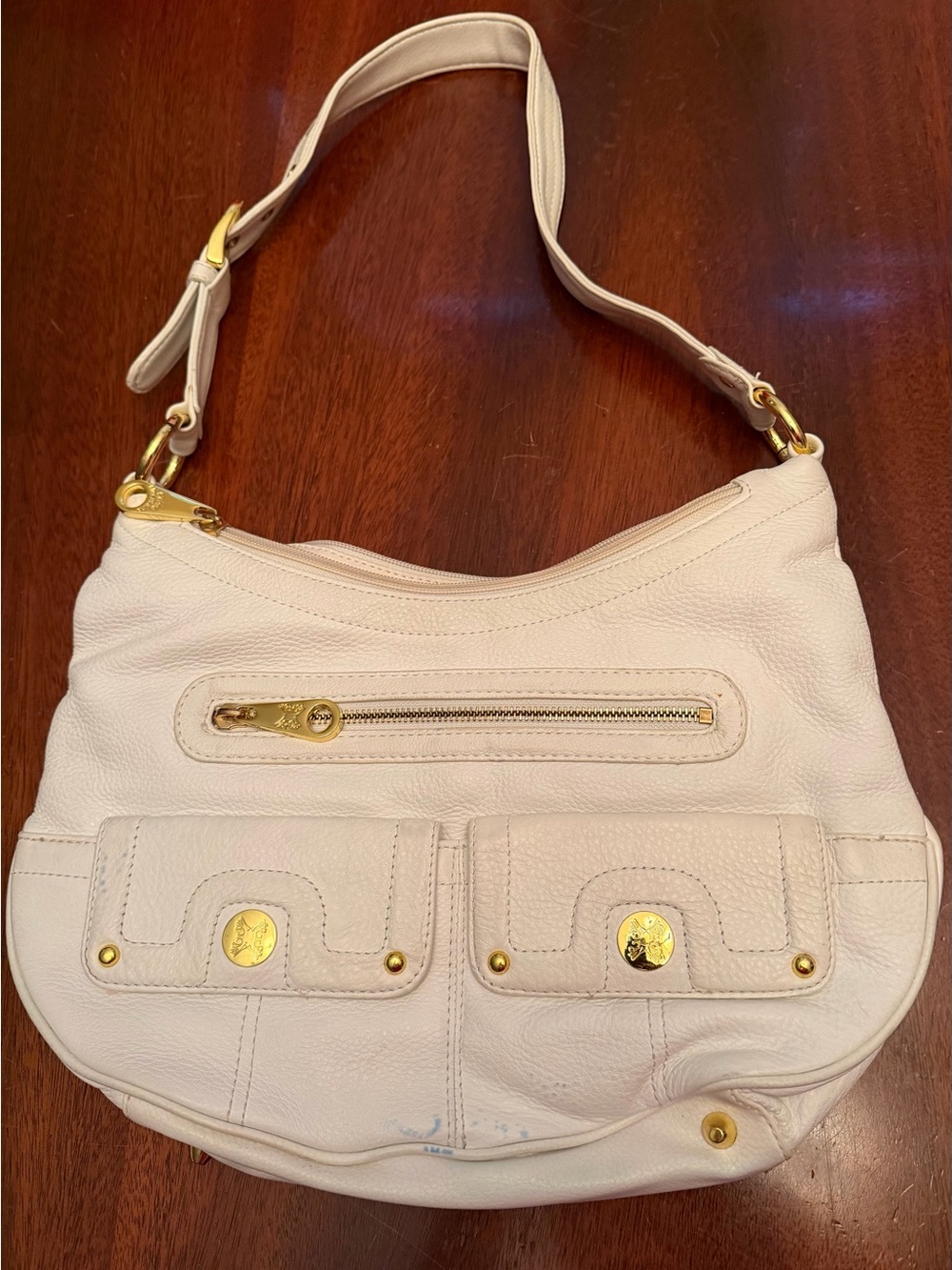 White Leather Stone Mountain Purse w/blue discoloration on lower front & strap
